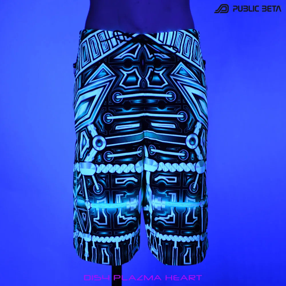 Boardshorts with UV-reactive psychedelic print glowing under blacklight