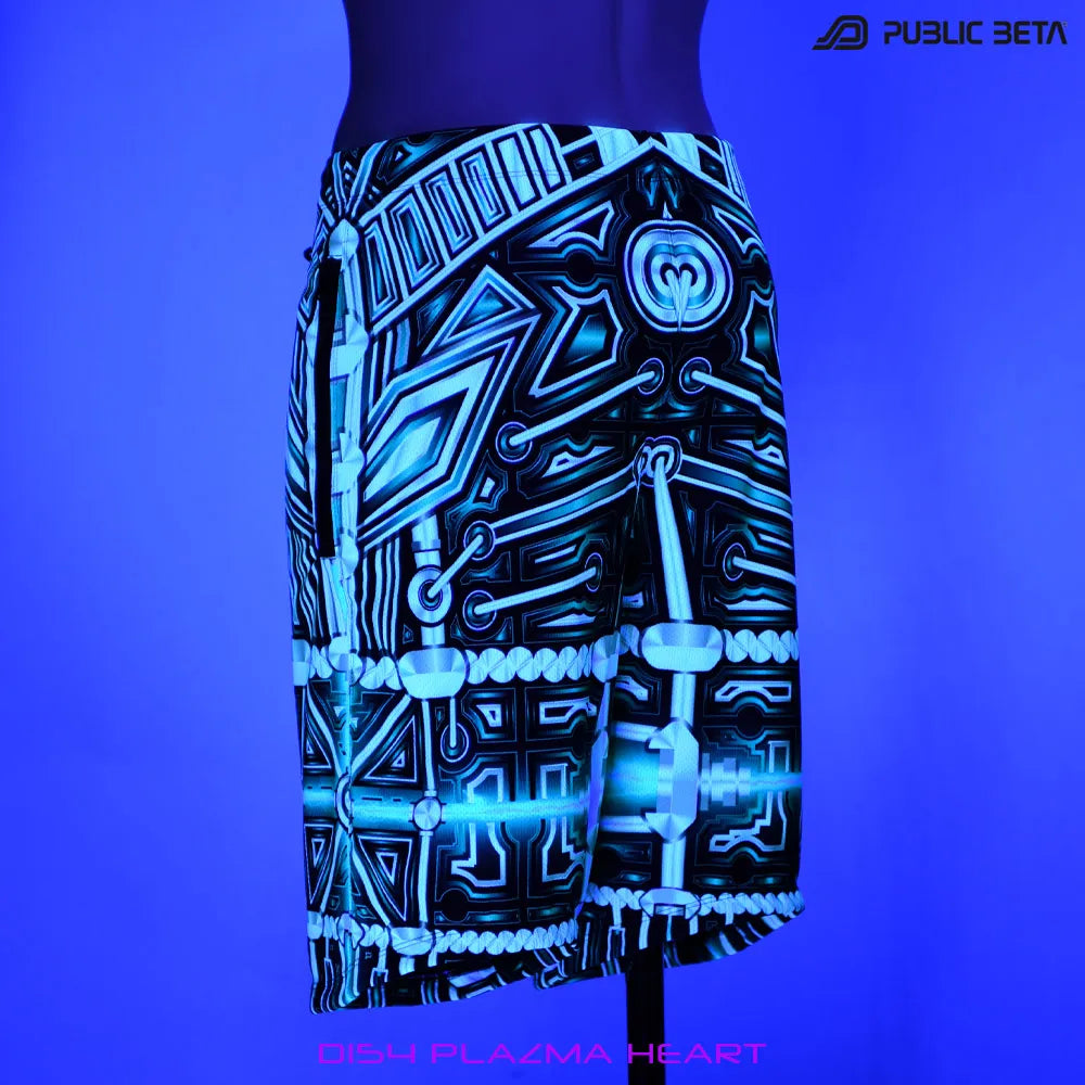 Boardshorts with UV-reactive psychedelic print glowing under blacklight