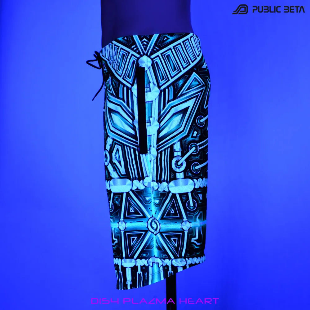 Boardshorts with UV-reactive psychedelic print glowing under blacklight