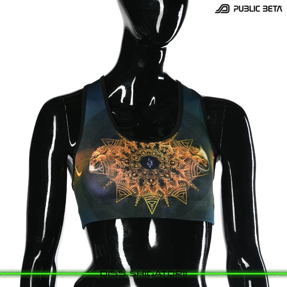 Active top with UV-reactive printed graphics, photographed in natural light