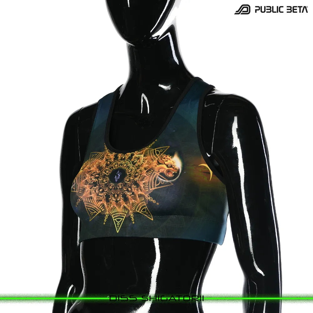Active top with UV-reactive printed graphics, photographed in natural light
