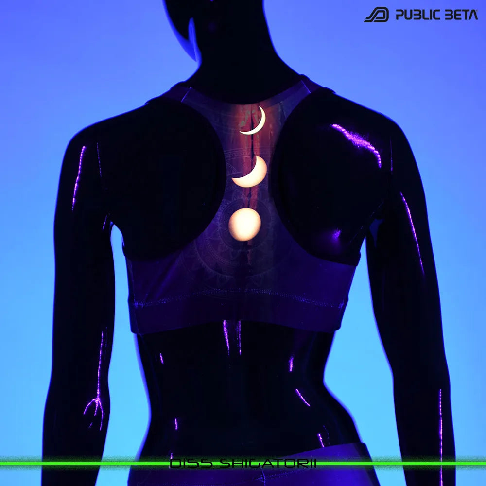 Active top with UV-reactive psychedelic print glowing under blacklight