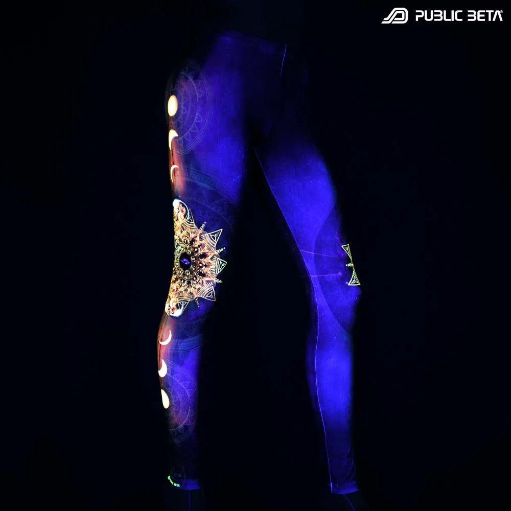 Leggings with UV-reactive psychedelic print glowing under blacklight