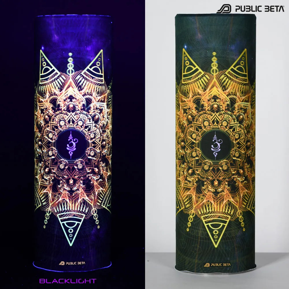 Split image of a tube scarf with uv-reactive graphics shown in natural light and glowing under blacklight