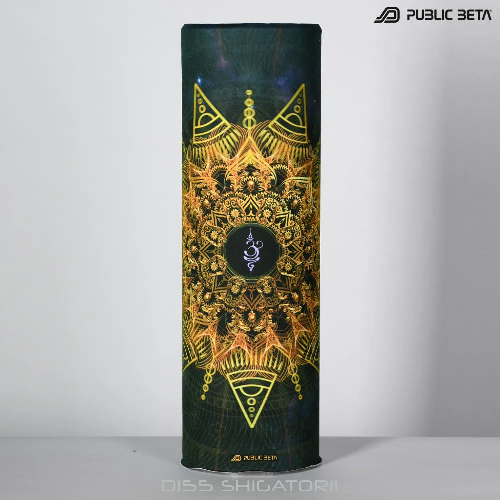 Tube scarf with UV-reactive printed graphics, photographed in natural light