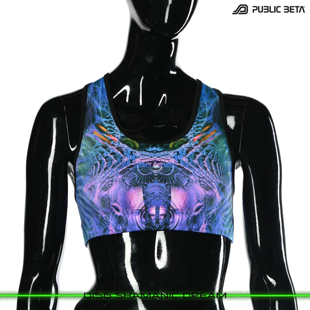 Active top with UV-reactive futuristic graphics, photographed in natural light