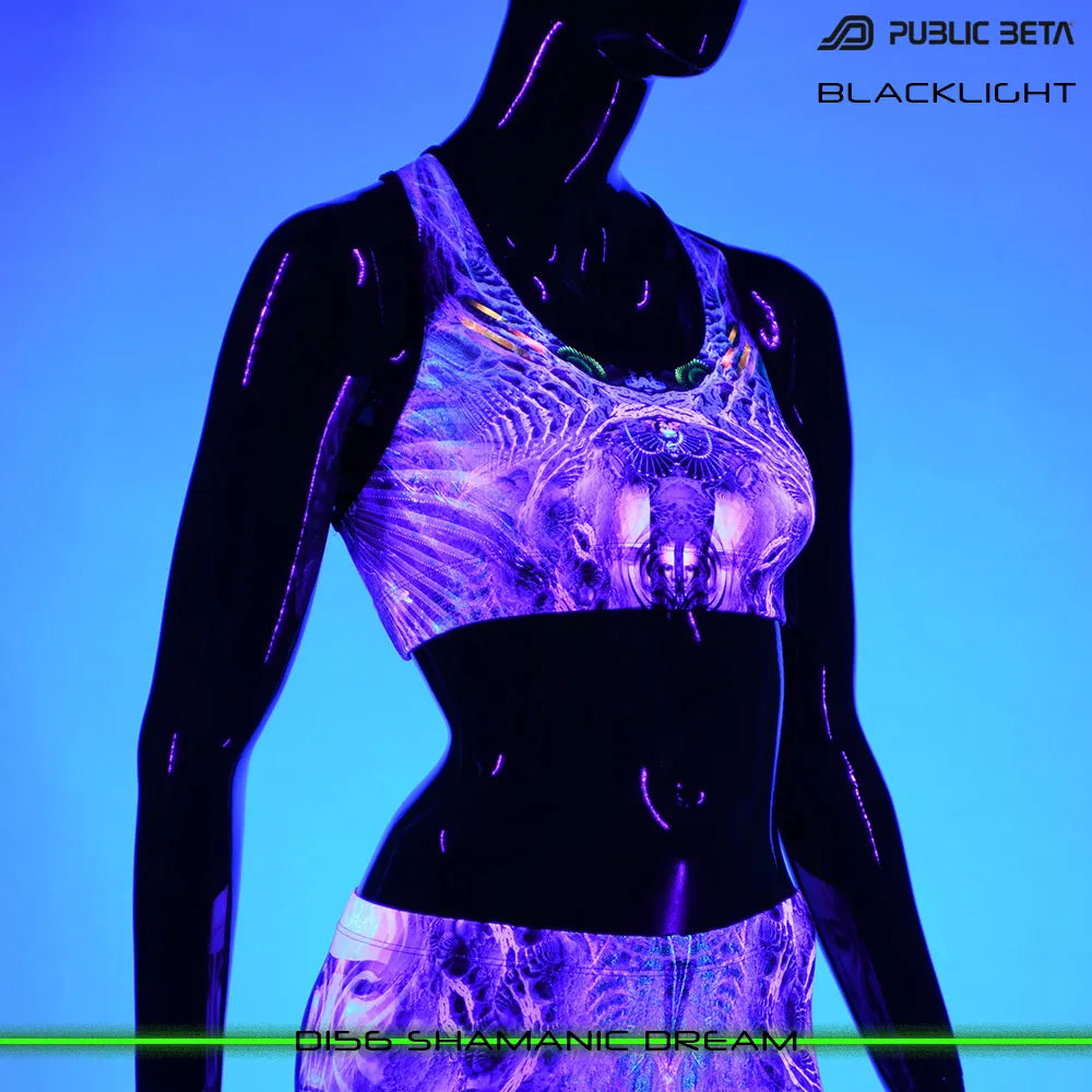 Active top with UV-reactive futuristic print glowing under blacklight