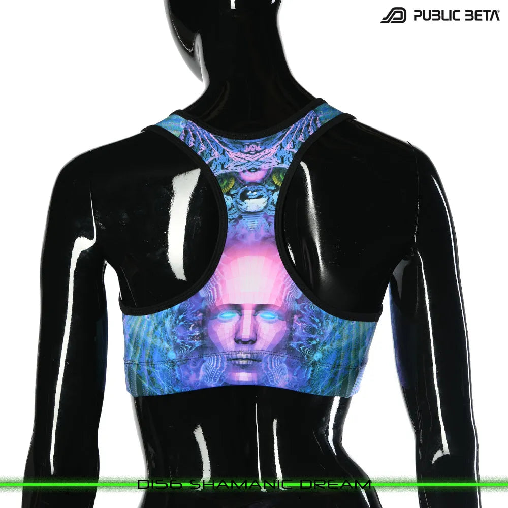 Active top with UV-reactive futuristic graphics, photographed in natural light