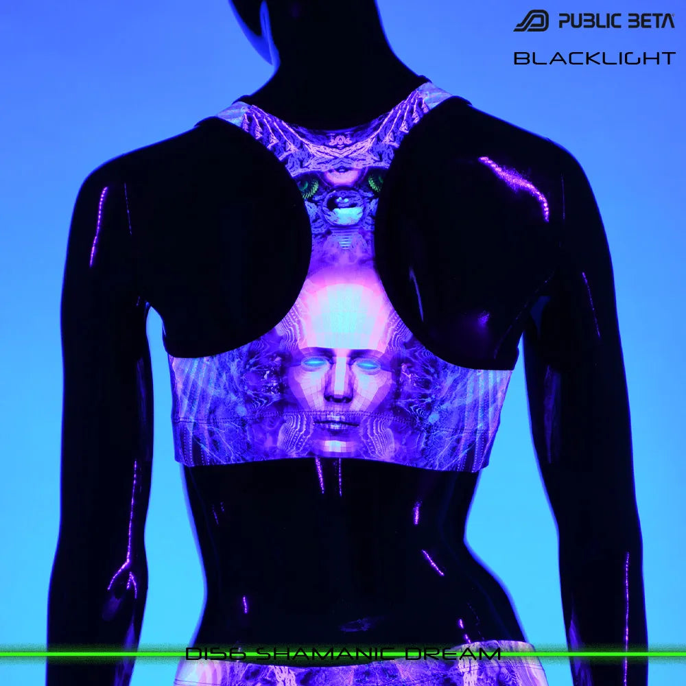 Active top with UV-reactive futuristic print glowing under blacklight