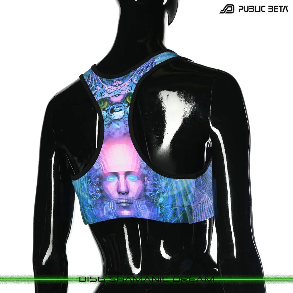 Active top with UV-reactive futuristic graphics, photographed in natural light