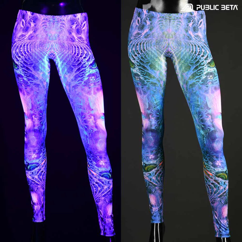 Uv reactive psychedelic art printed leggings shown in natural light and glowing under blacklight split image view