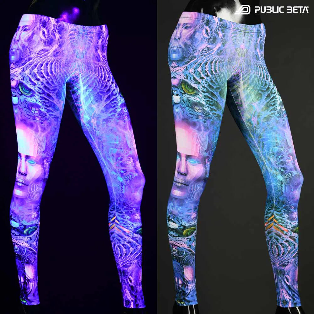 Uv reactive psychedelic art printed leggings shown in natural light and glowing under blacklight split image view