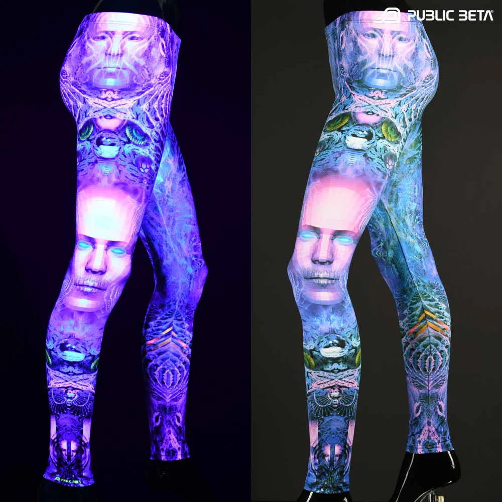 Uv reactive psychedelic art printed leggings shown in natural light and glowing under blacklight split image view