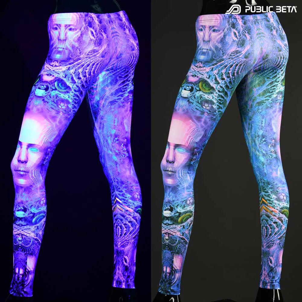 Uv reactive psychedelic art printed leggings shown in natural light and glowing under blacklight split image view