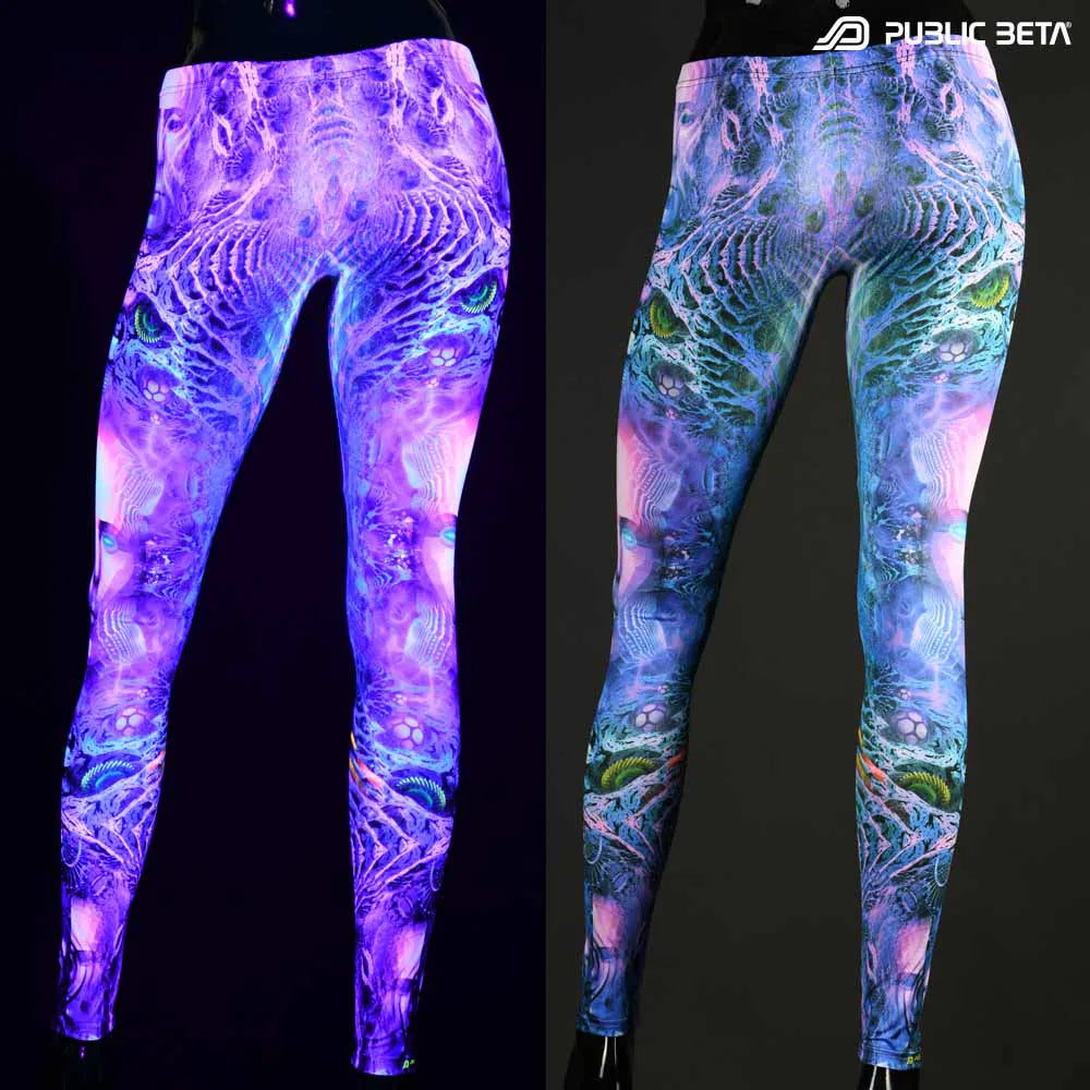Uv reactive psychedelic art printed leggings shown in natural light and glowing under blacklight split image view