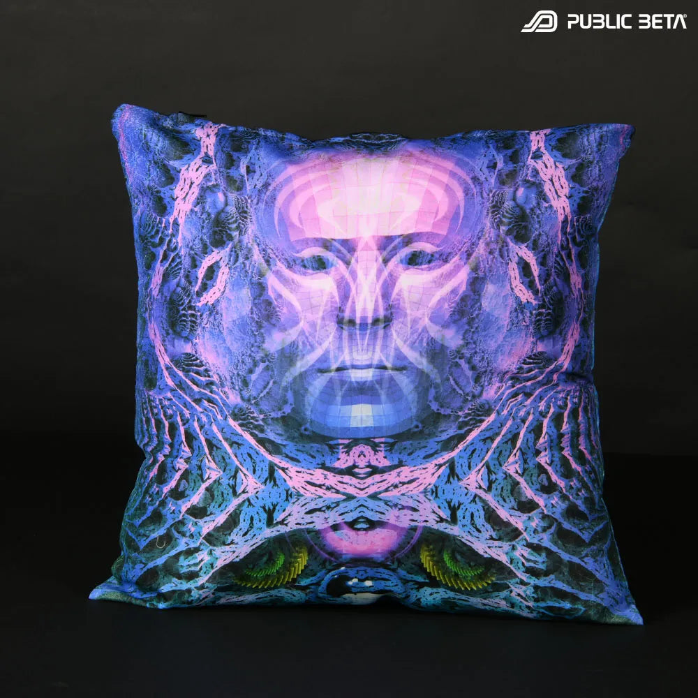 Cushion Cover with UV-reactive graphics glowing under blacklight