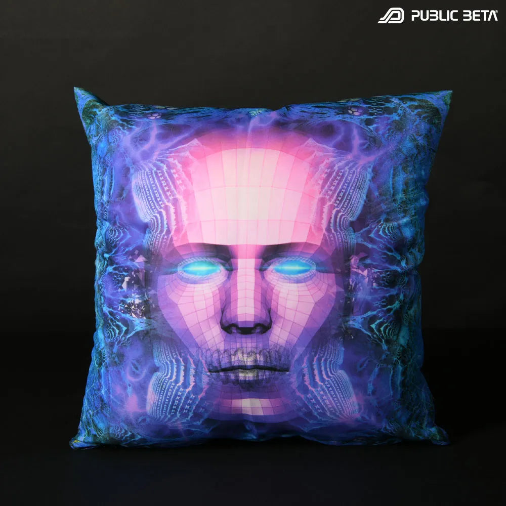 Cushion Cover with UV-reactive graphics glowing under blacklight
