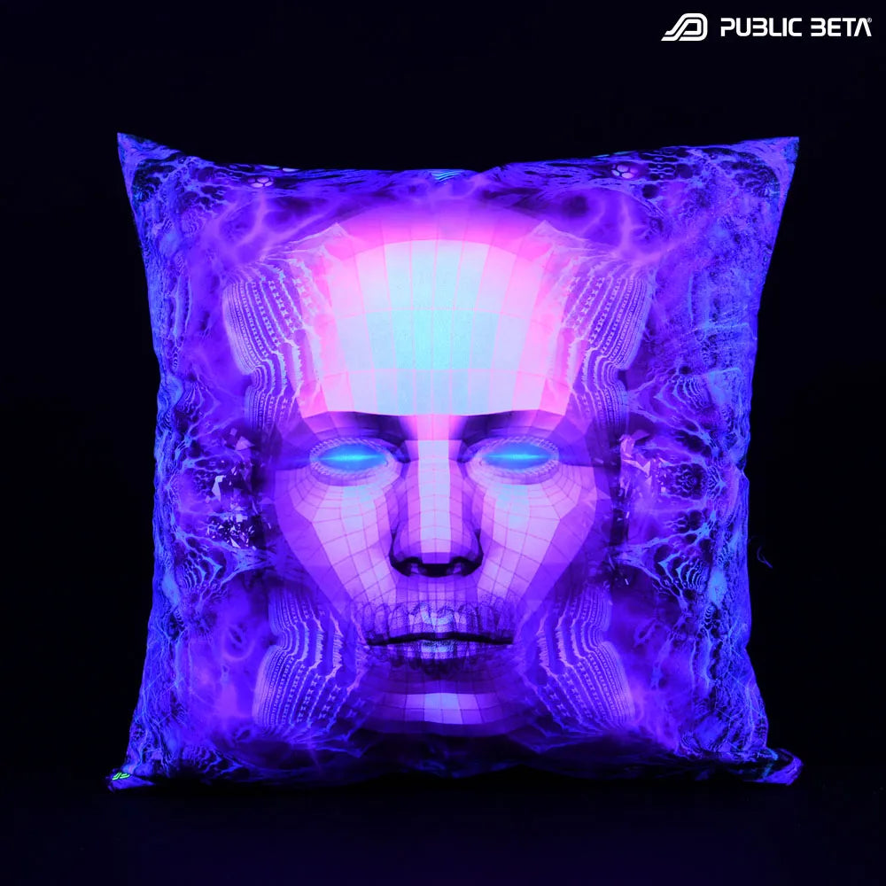 Cushion Cover with UV-reactive graphics glowing under blacklight