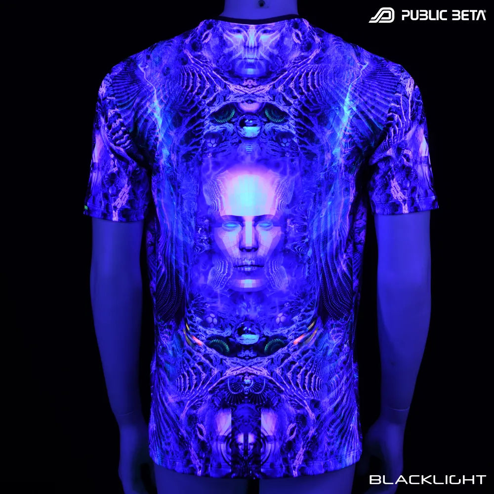 T-shirt with UV-reactive graphics glowing under blacklight