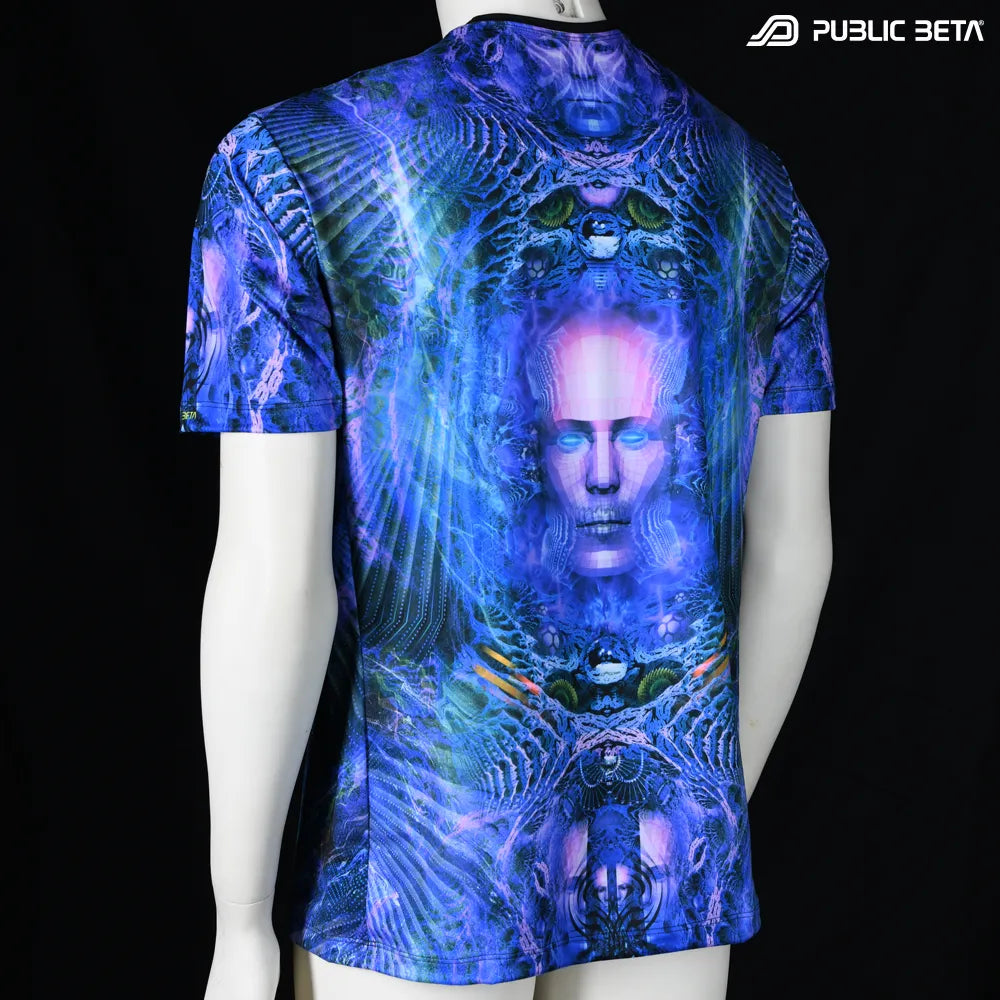 T-shirt with all-over UV-reactive print, photographed in natural light