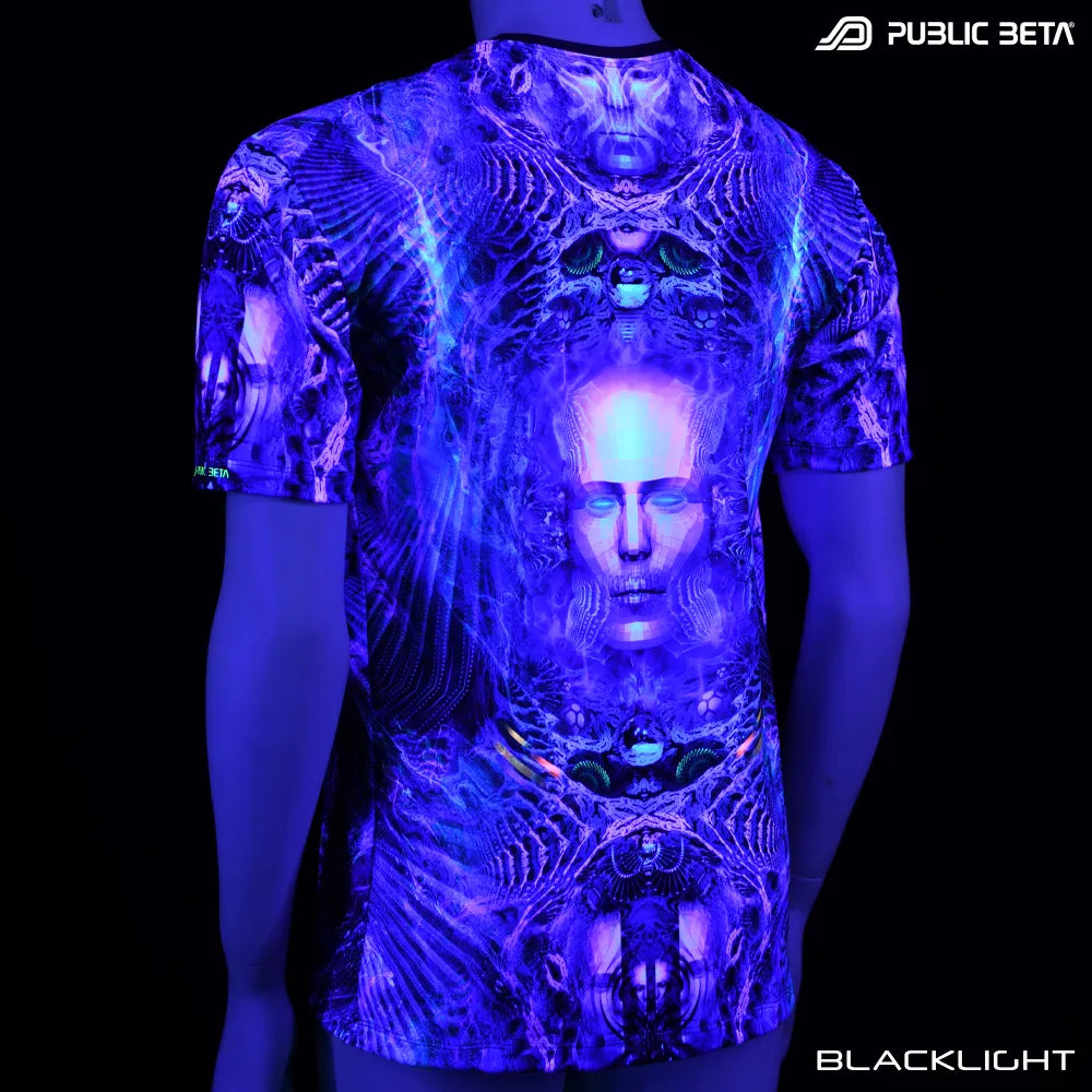 T-shirt with UV-reactive graphics glowing under blacklight