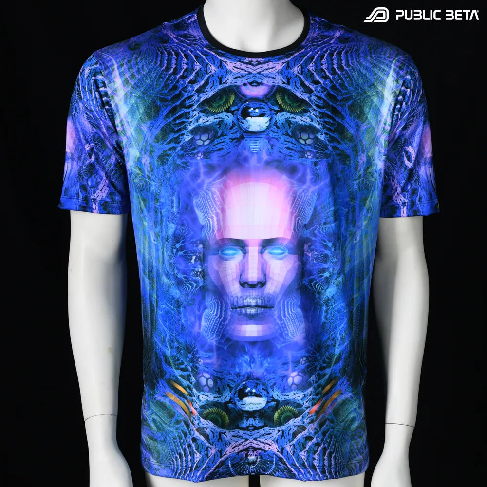 T-shirt with all-over UV-reactive print, photographed in natural light