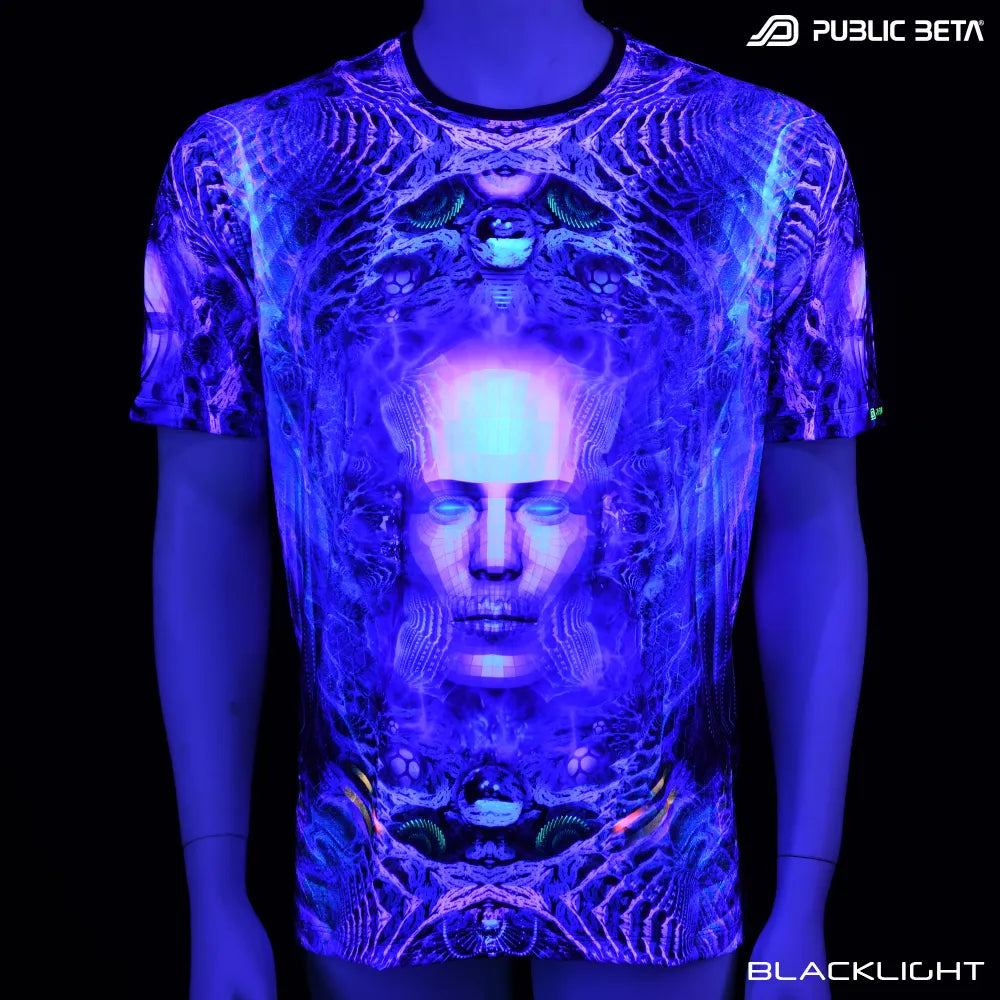 T-shirt with UV-reactive graphics glowing under blacklight
