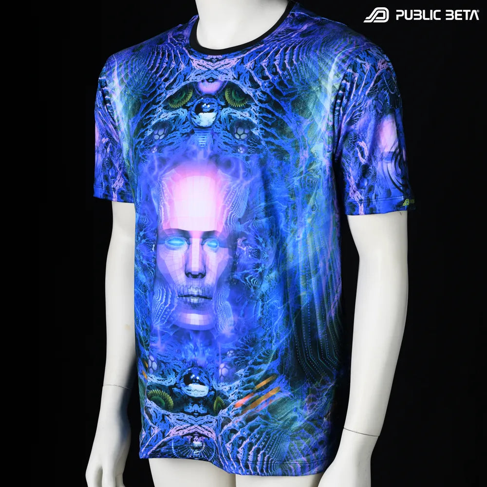 T-shirt with all-over UV-reactive print, photographed in natural light
