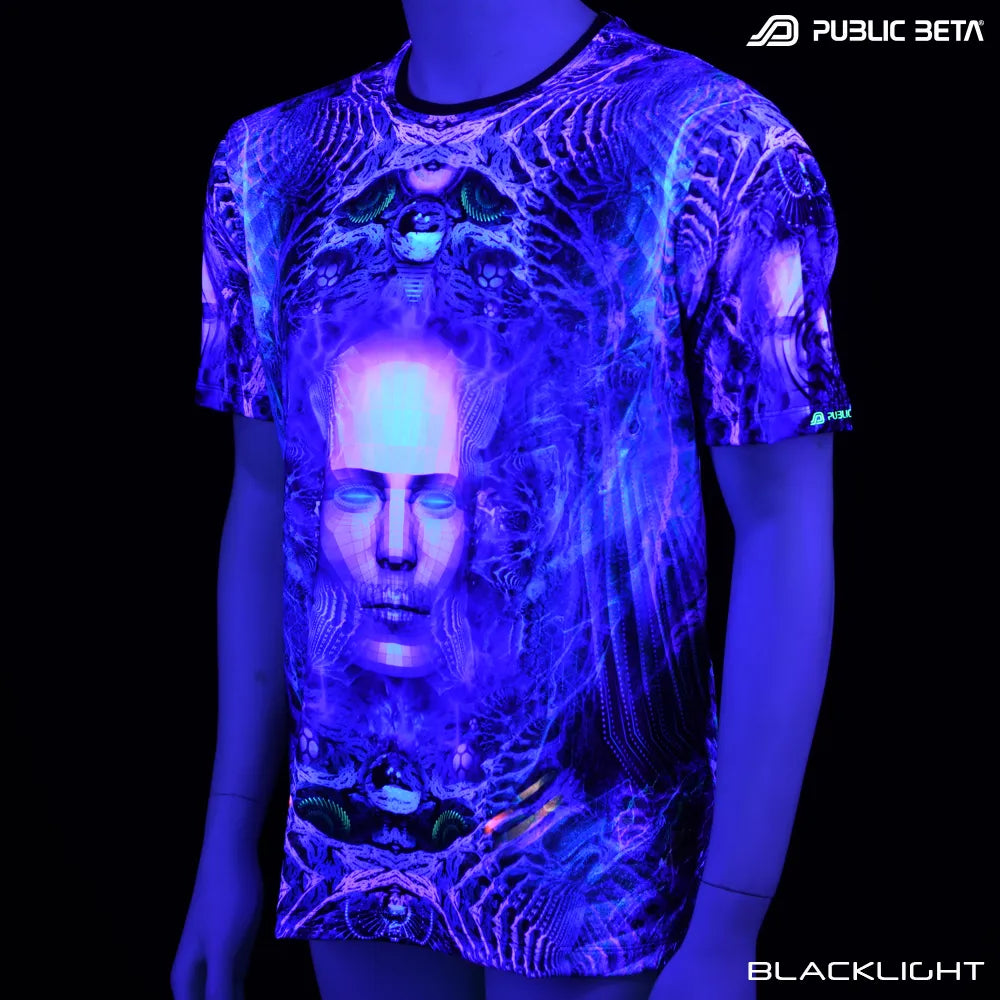 T-shirt with UV-reactive graphics glowing under blacklight