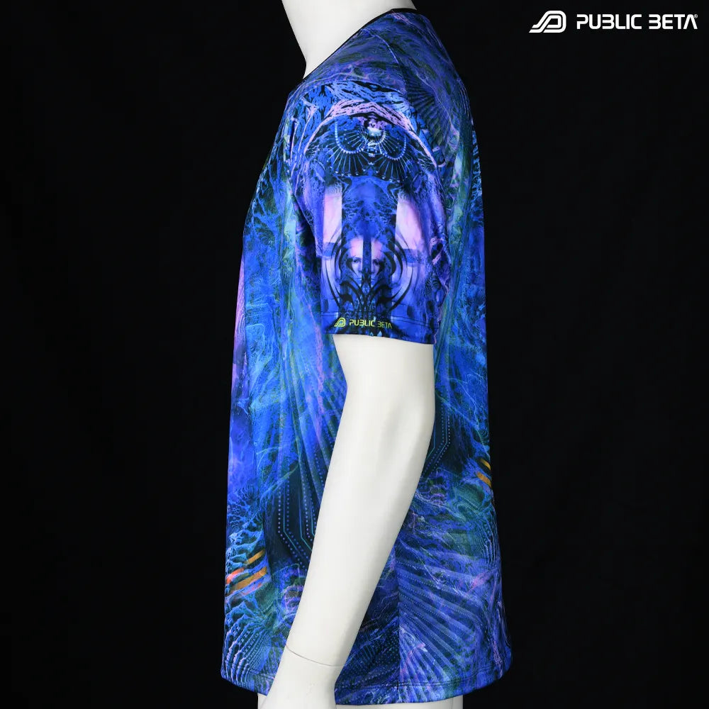 T-shirt with all-over UV-reactive print, photographed in natural light