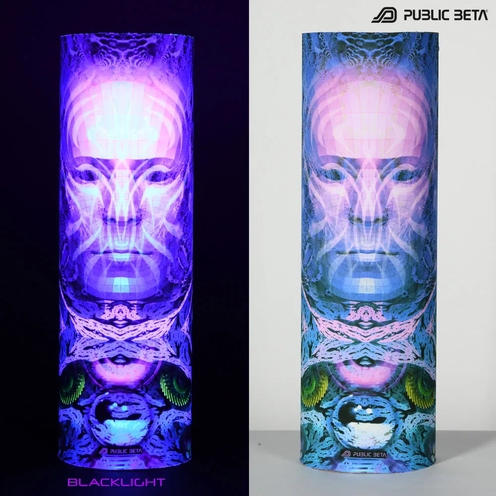 Split image of a tube scarf with uv-reactive graphics shown in natural light and glowing under blacklight