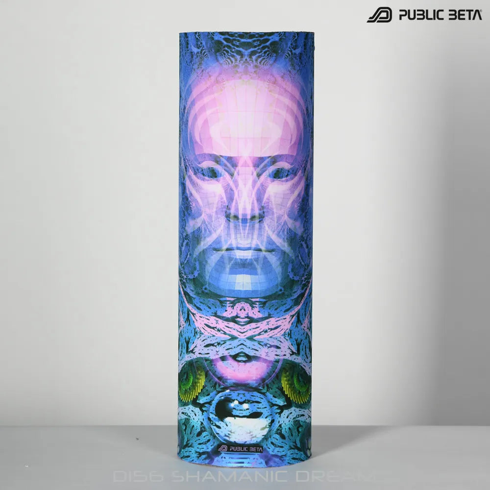 Tube scarf with UV-reactive futuristic graphics, photographed in natural light
