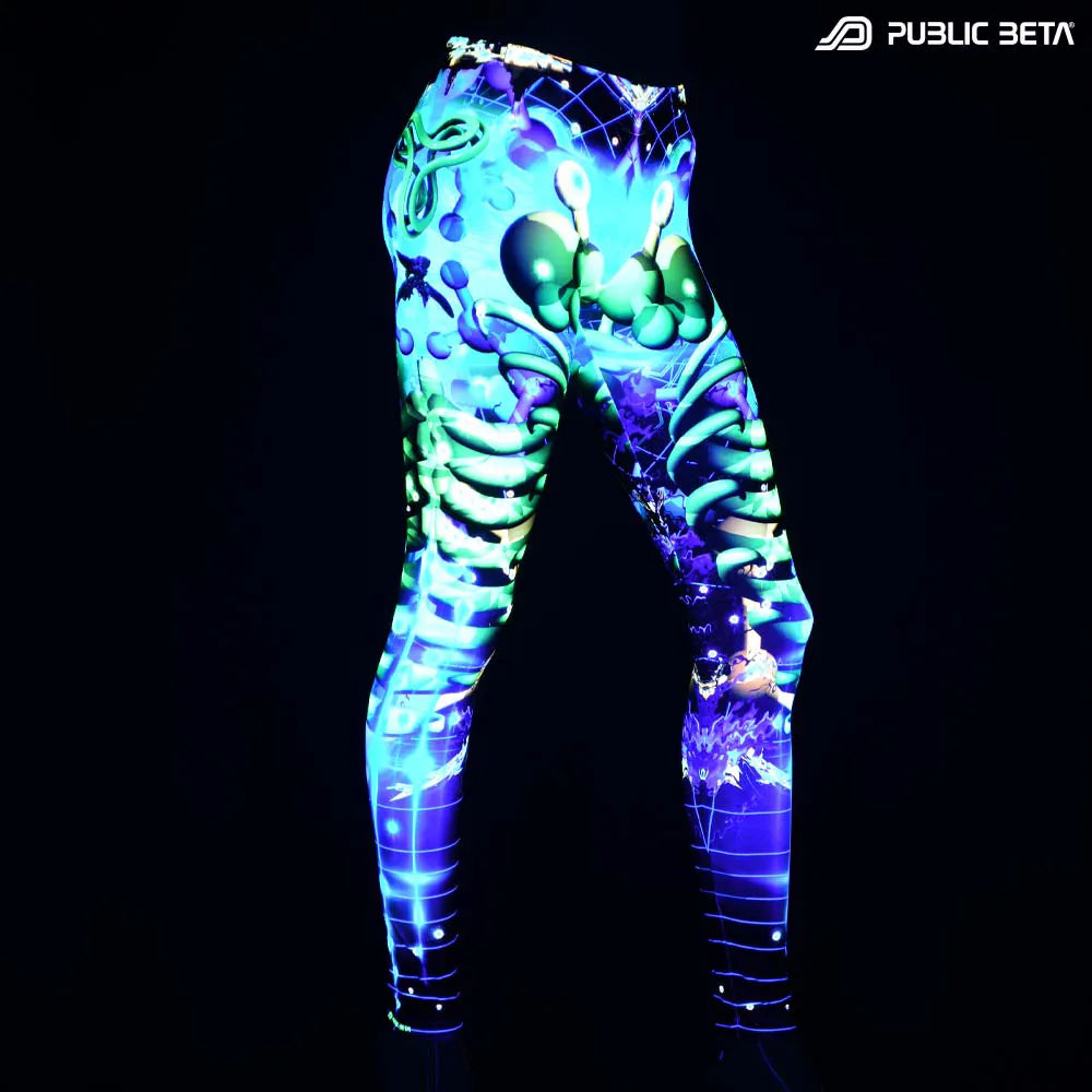 Leggings with UV-reactive futuristic print glowing under blacklight
