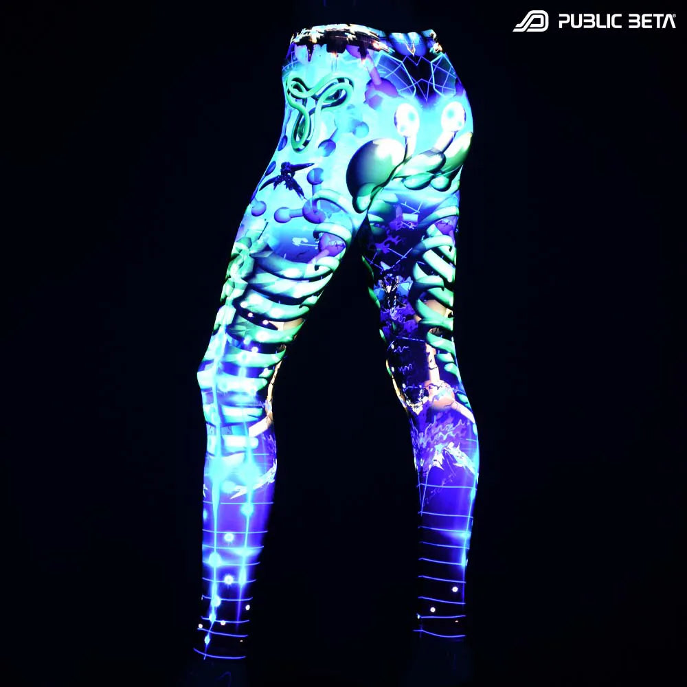 Leggings with UV-reactive futuristic print glowing under blacklight