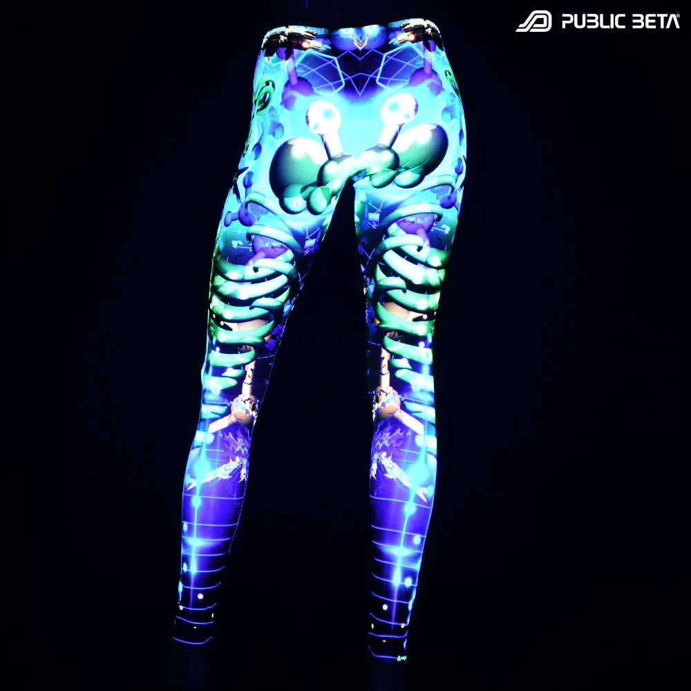 Leggings with UV-reactive futuristic print glowing under blacklight