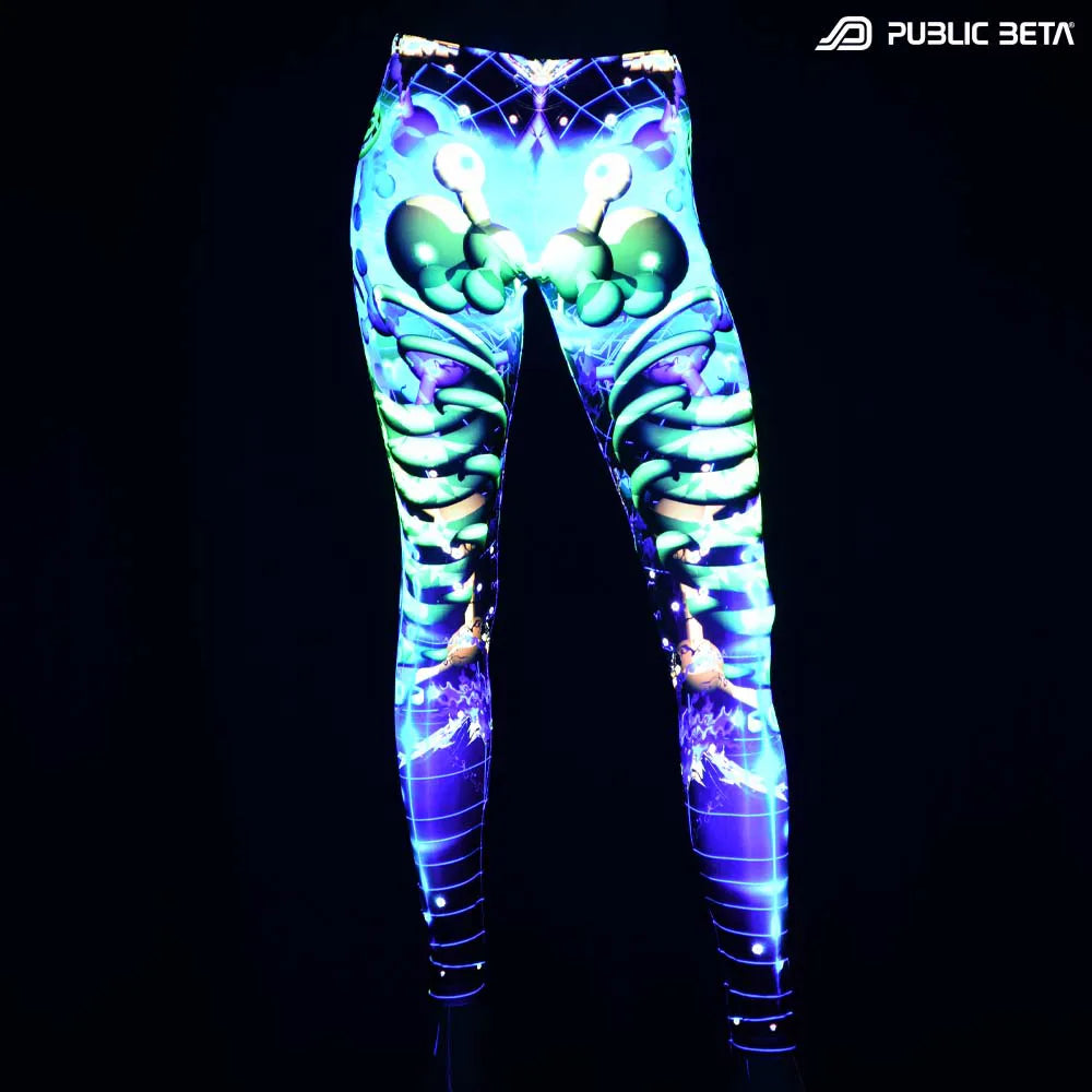 Leggings with UV-reactive futuristic print glowing under blacklight