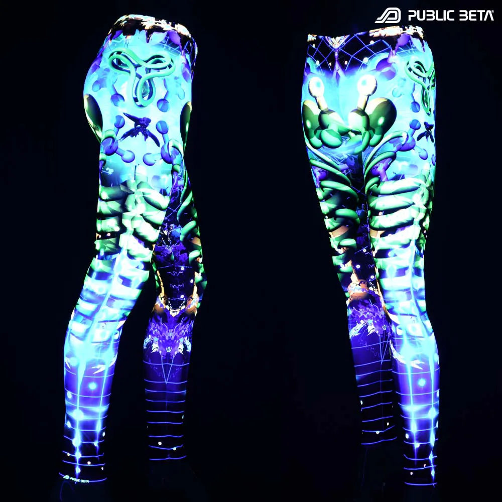 Leggings with UV-reactive futuristic print glowing under blacklight