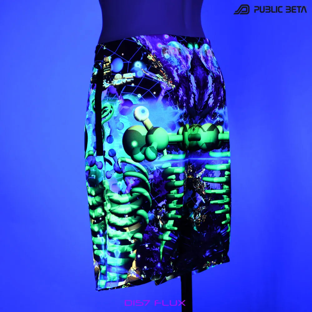 Boardshorts with UV-reactive psychedelic print glowing under blacklight