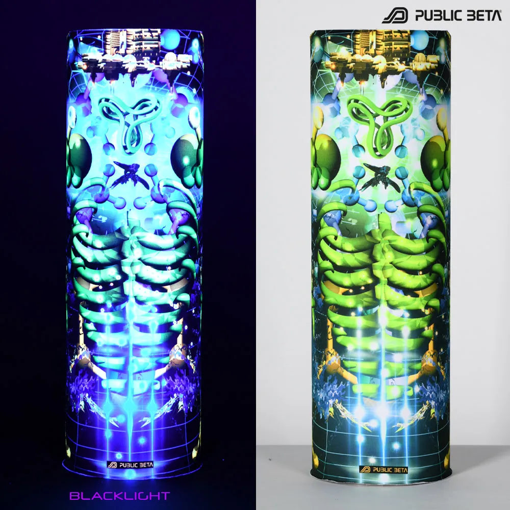 Split image of a tube scarf with uv-reactive graphics shown in natural light and glowing under blacklight