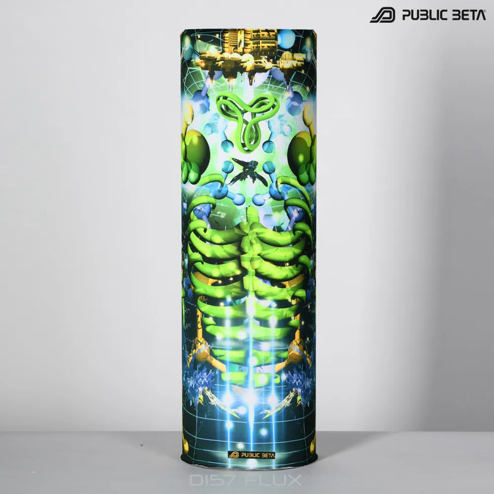 Tube scarf with UV-reactive printed graphics, photographed in natural light