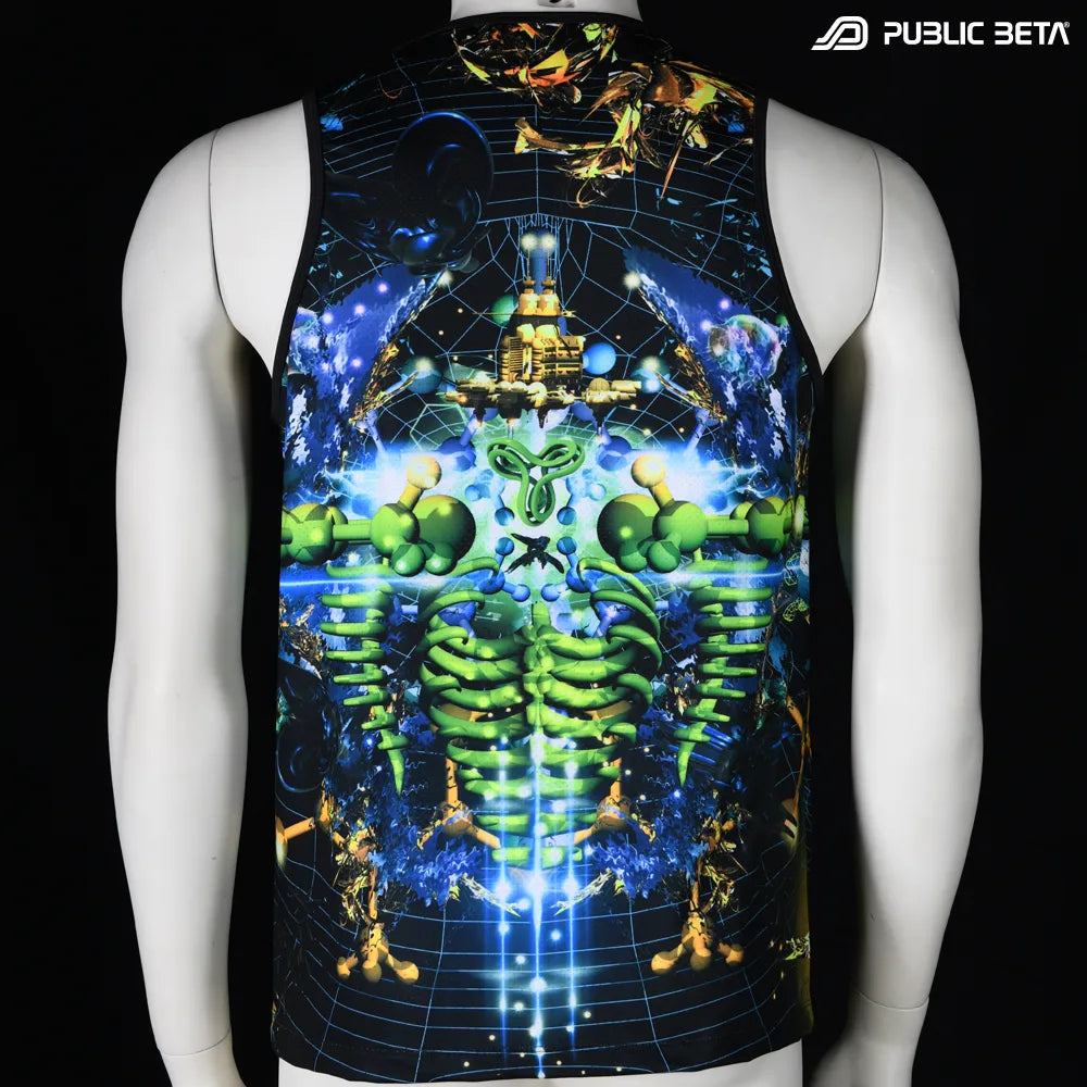 Sleeveless shirt with all-over UV-reactive print, photographed in natural light