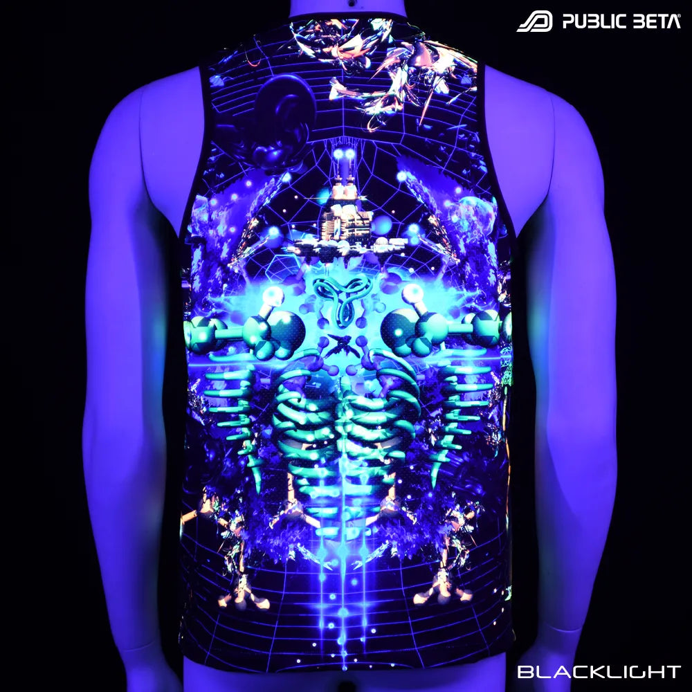 Sleeveless shirt with UV-reactive graphics glowing under blacklight