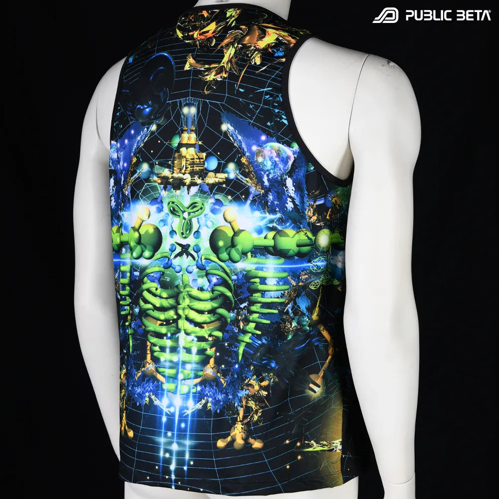 Sleeveless shirt with all-over UV-reactive print, photographed in natural light