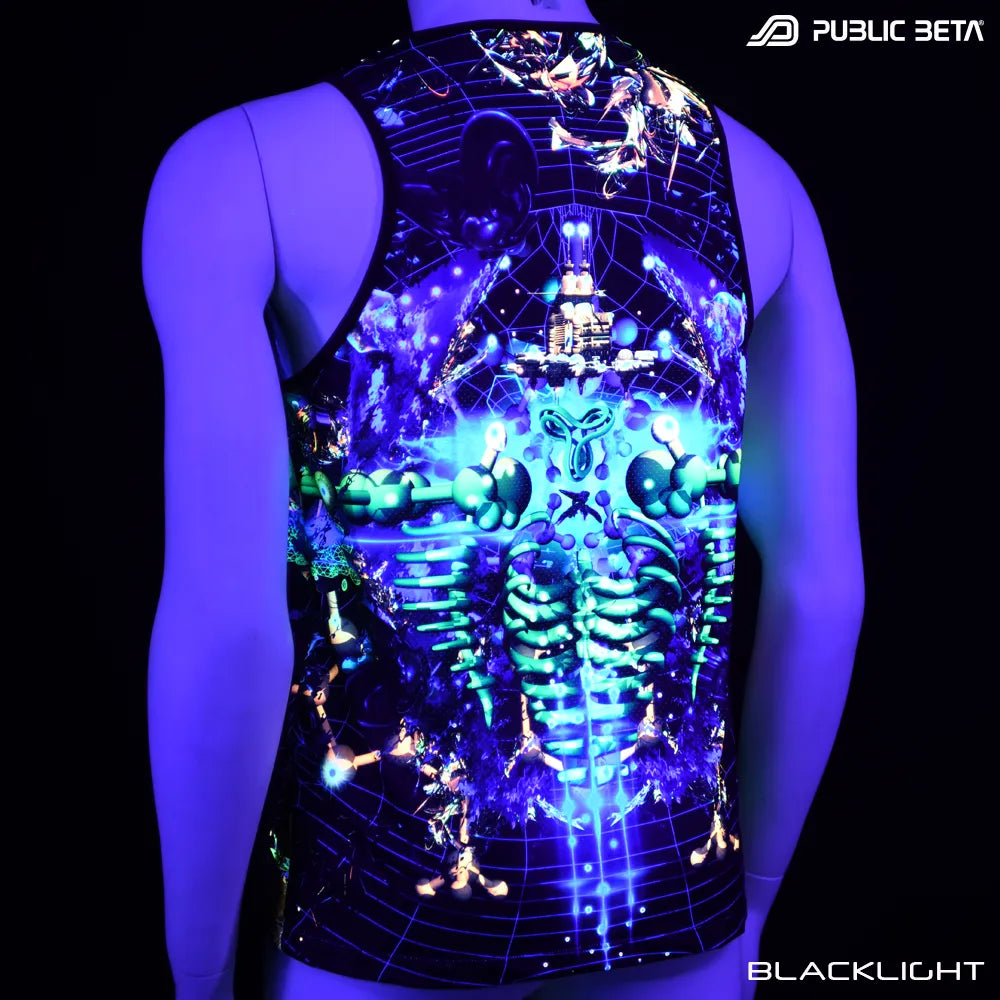 Sleeveless shirt with UV-reactive graphics glowing under blacklight