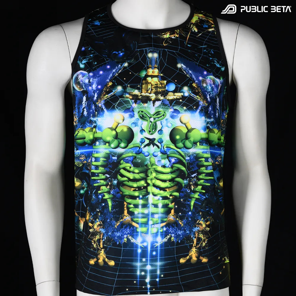 Sleeveless shirt with all-over UV-reactive print, photographed in natural light