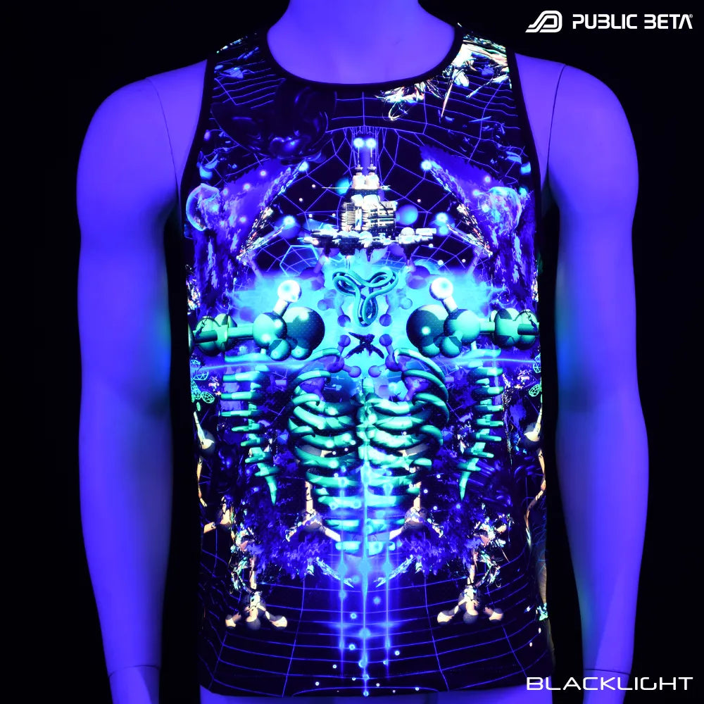 Sleeveless shirt with UV-reactive graphics glowing under blacklight