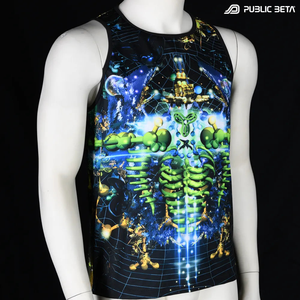 Sleeveless shirt with all-over UV-reactive print, photographed in natural light