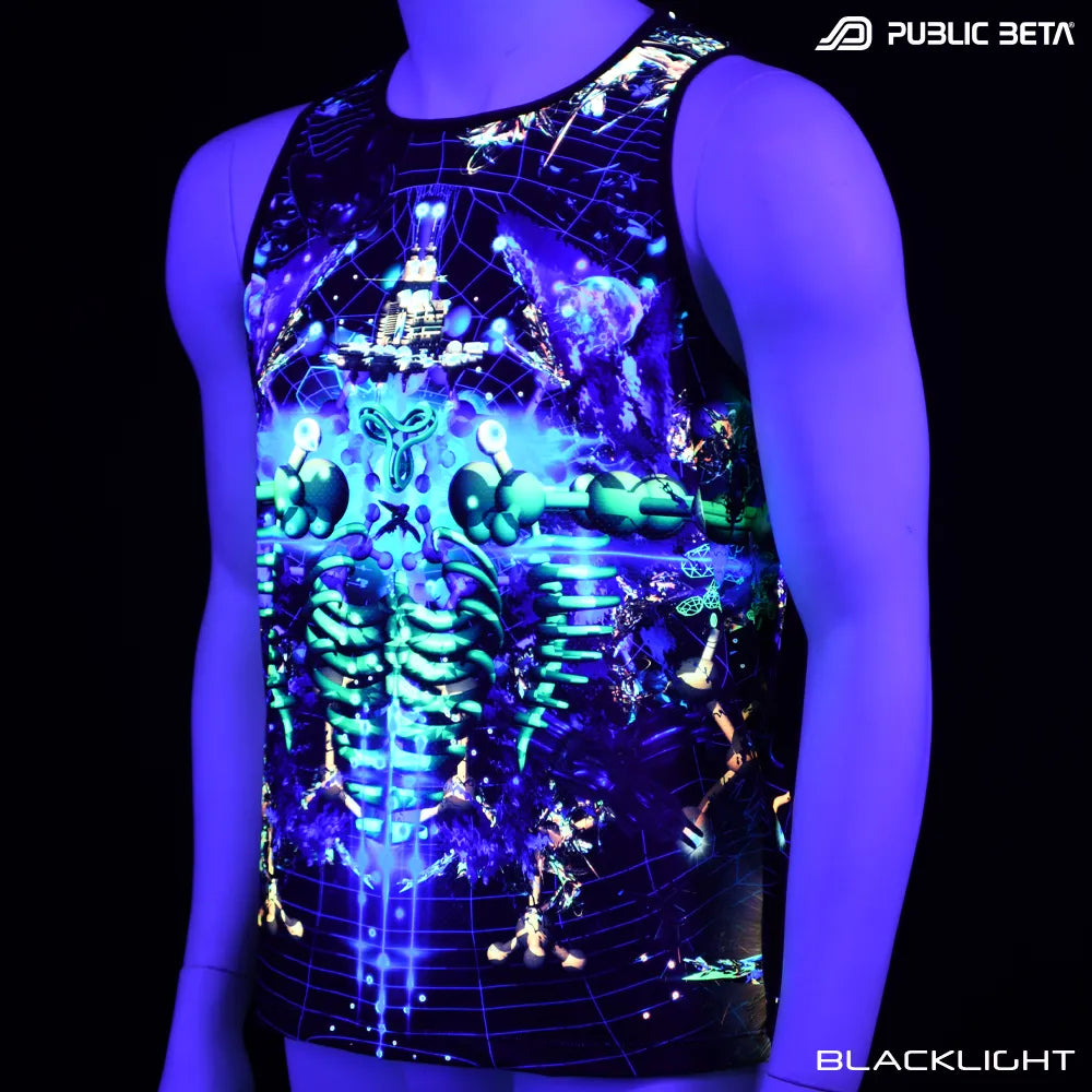 Sleeveless shirt with UV-reactive graphics glowing under blacklight