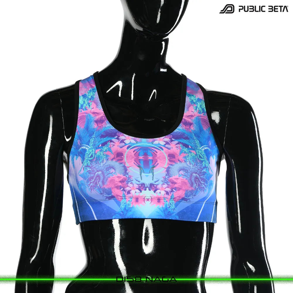 Active top 
with organic UV-reactive print, photographed in natural light