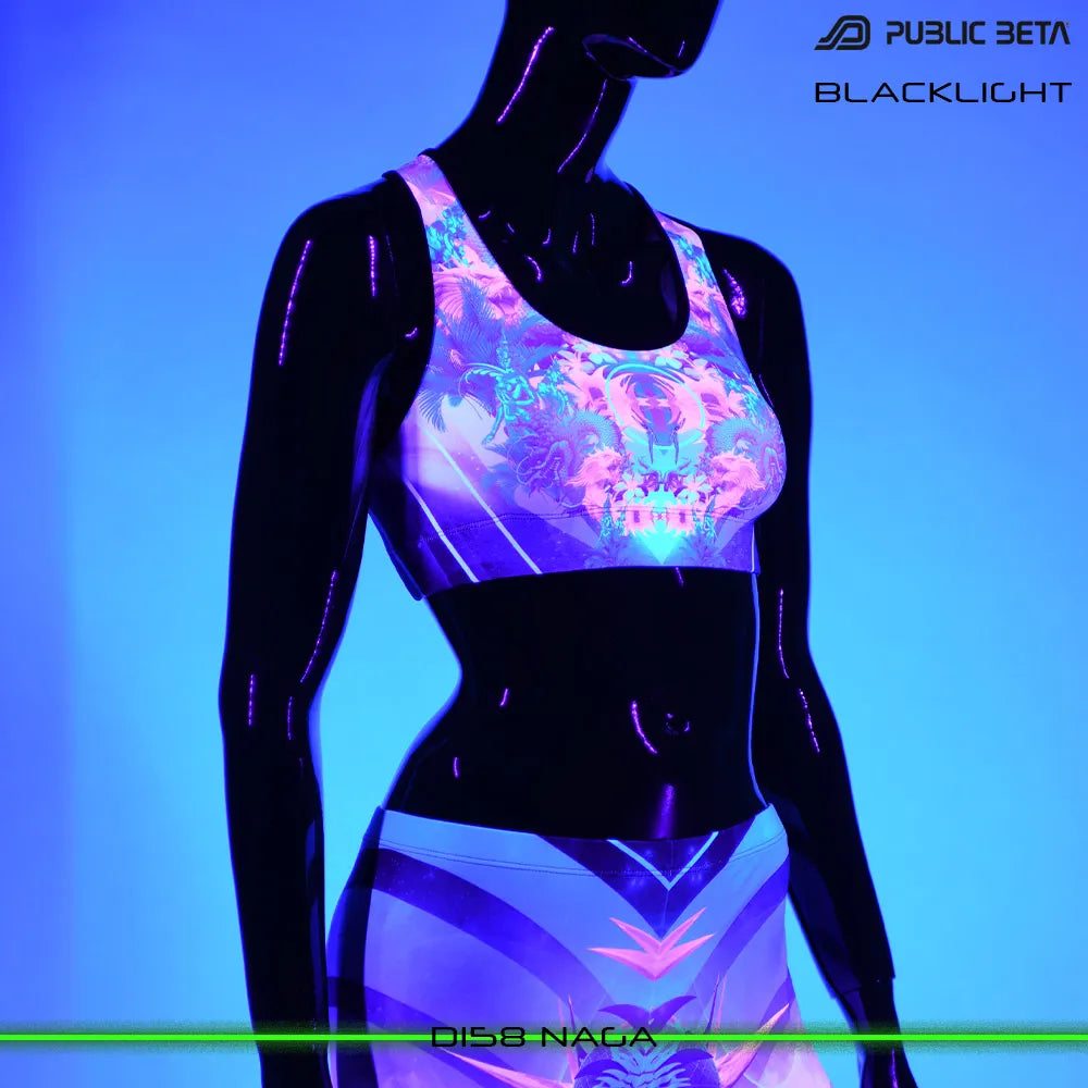 Active top with organic UV-reactive print glowing under blacklight